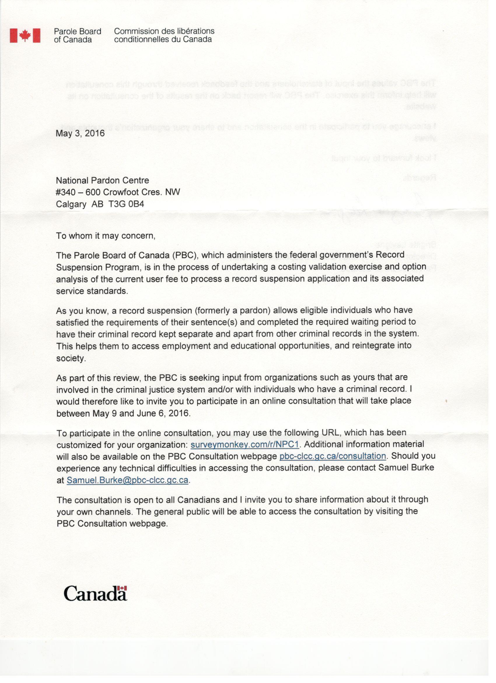 Letter From the Parole Board of Canada National Pardon Centre